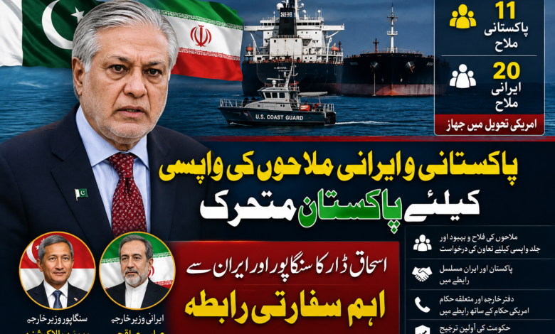 پاکستانی و ایرانی ملاحوں کی واپسی کیلئے پاکستان متحرک، اسحاق ڈار کا سنگاپور اور ایران سے اہم سفارتی رابطہ